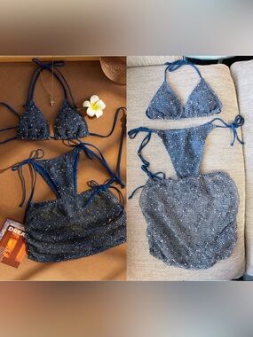 Blue Triangle Bikini Set with Side Tie Bottoms